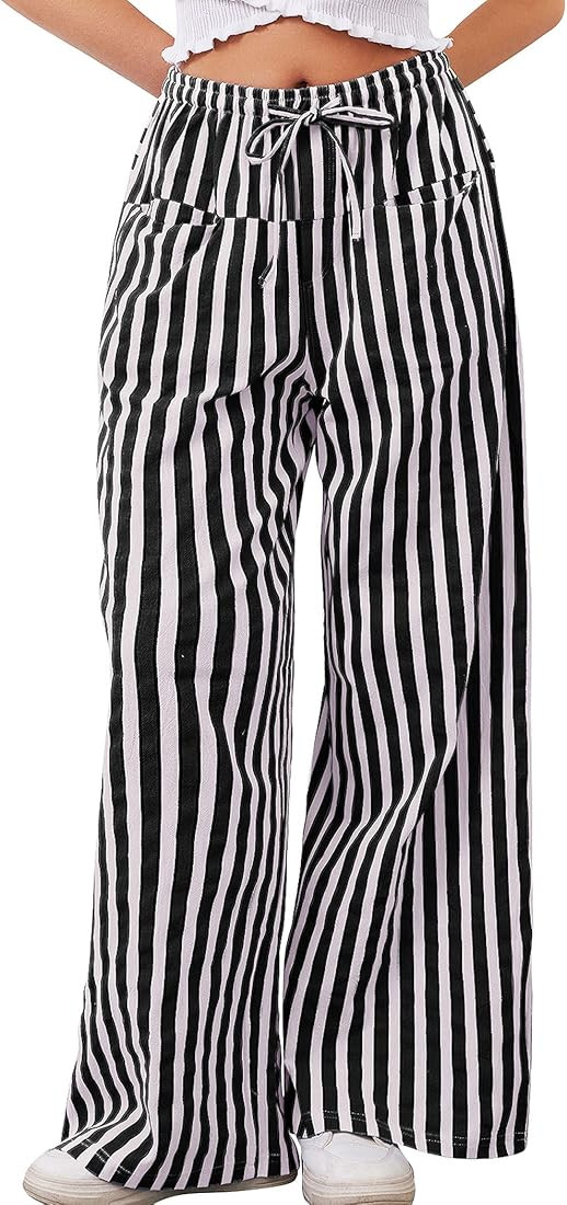 Striped Pants Women Wide Leg Trousers Drawstring Low Rise Casual Loose Lounge Pajama Pants with P... | Amazon (US)