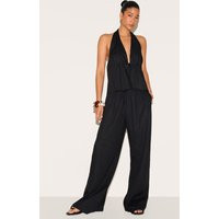 Black Linen Look Drawstring Wide Leg Pants | PrettyLittleThing US