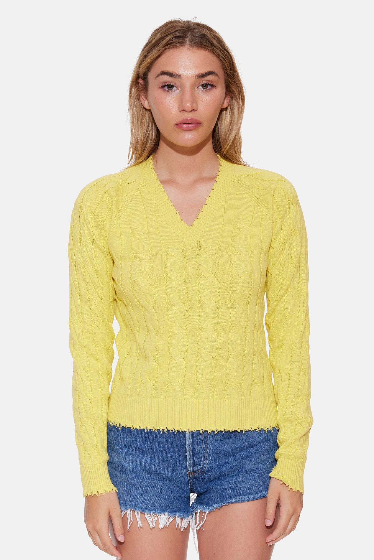 Amber Cable V Neck Sweater Bright Yellow | Blue & Cream
