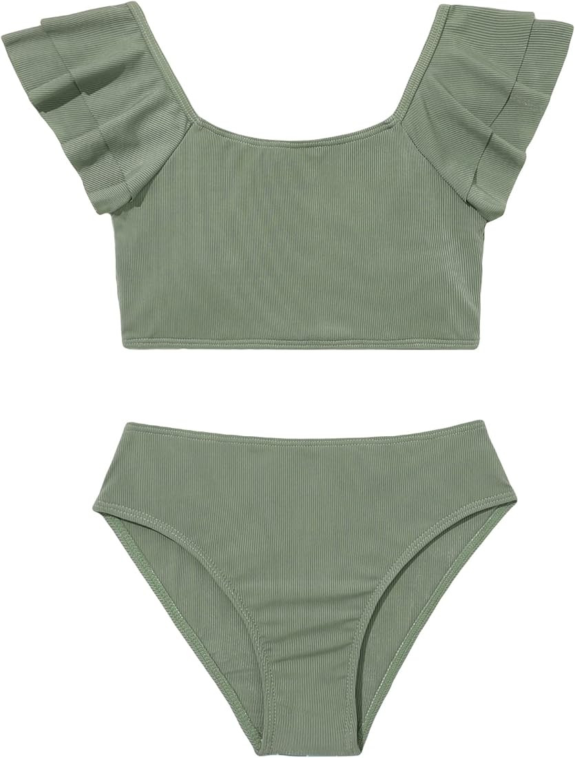 Milumia Girl's 2 Piece Ruffle Trim Bikini Set Scoop Neck Knitted Swimwear Swimsuit | Amazon (US)