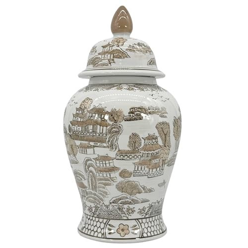 Galt International Brown & White Floral Chinoiserie Ceramic Temple Jar 18" w/Lid - Ginger Jar Home & Kitchen Decor for Interior Design - Brown & White | Amazon (US)