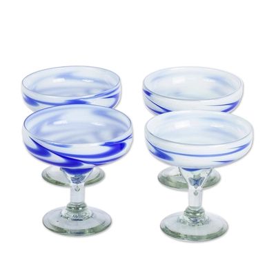 Blue and White Hand Blown Margarita Glasses (Set of 4) | NOVICA