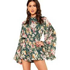 Romwe Women's Floral Printed Ruffle Bell Sleeve Loose Fit Jumpsuit Rompers | Amazon (US)