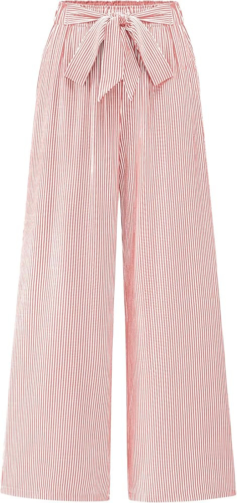 BTFBM Palazzo Pants for Women 2025 Fall Striped Flowy Tie Knot Wide Leg High Waist Dressy Casual ... | Amazon (US)