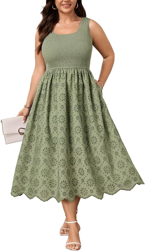 SHESTARR Plus Size Sundress Women Smocked Eyelet Sleeveless Maxi Dress Summer Casual Boho A-Line ... | Amazon (US)