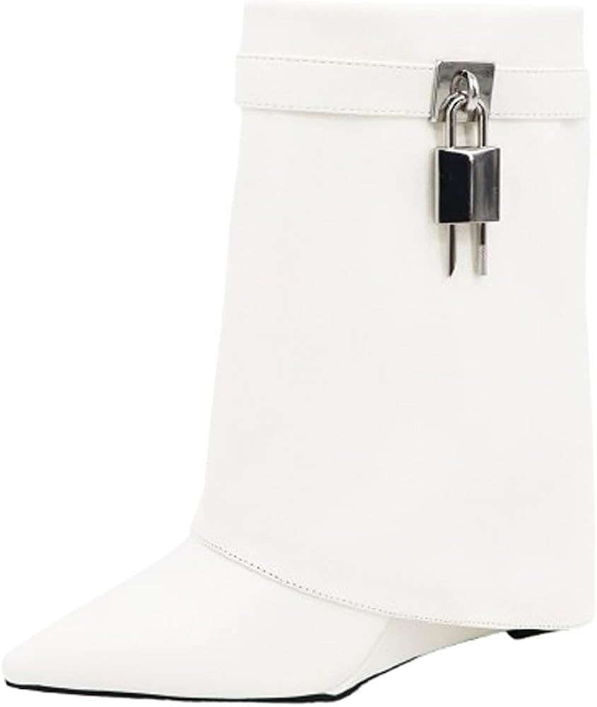 Women's Fold Over Boots Mid Calf Wedge Boots PadLock Boots | Amazon (US)