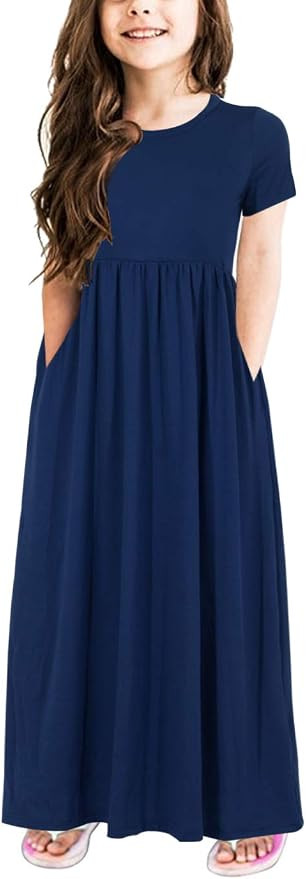 GORLYA Girl's Short Sleeve Floral Print Loose Casual Long Maxi Dress with Pockets 4-12 Years | Amazon (US)