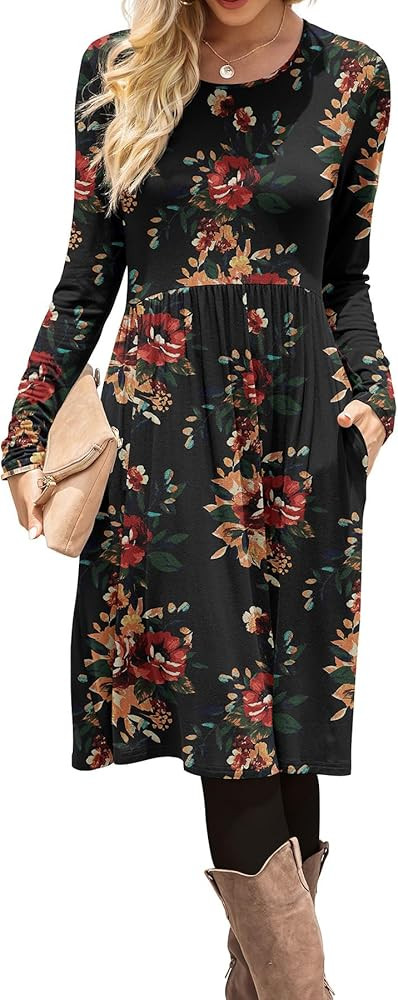 DB MOON Women Casual Long Sleeve Dresses Empire Waist Knee Length Loose Dress with Pockets | Amazon (US)