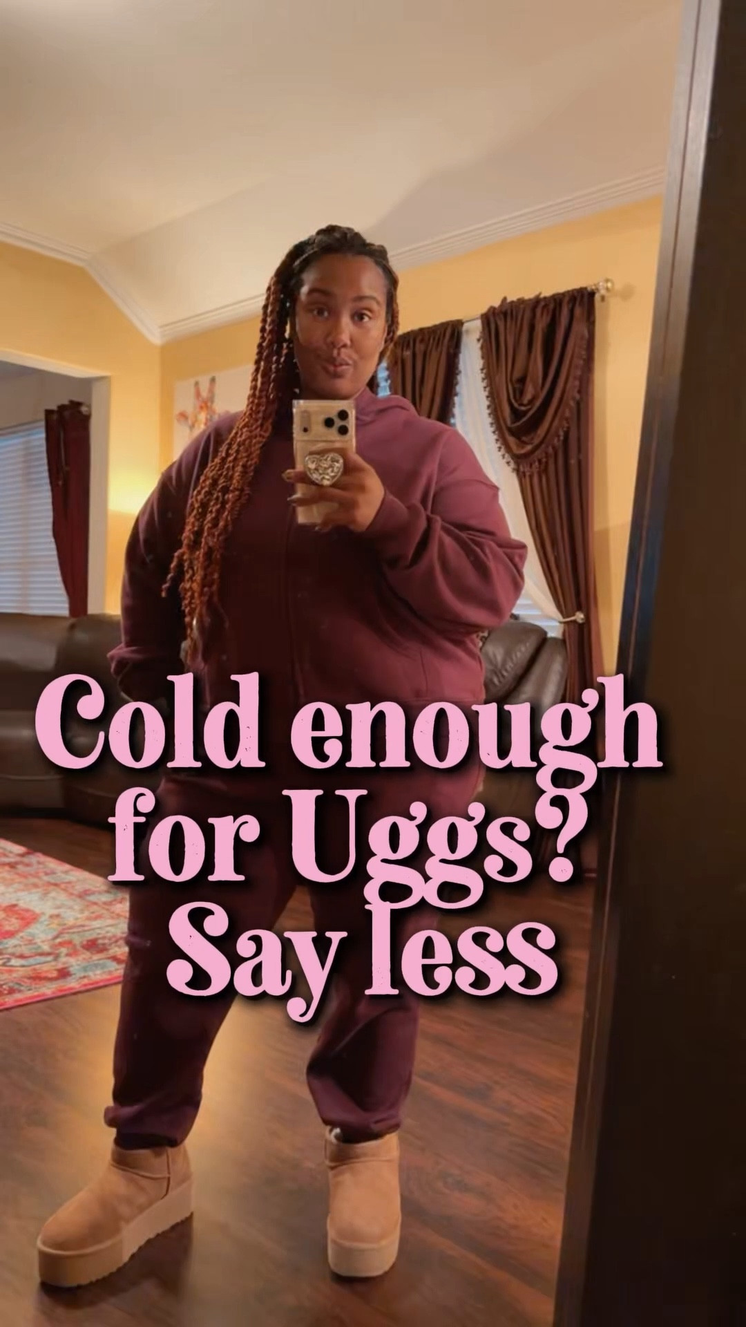 Temporary cold in Houston means I finally get to wear my oxblood Fabletics warm-up set 😌
This is the 2X top + bottom in regular length because I wanted a roomier, cozy fit. I could’ve done an XL and short, but comfy won this round.

And yes… I paired it with my Ugg platform boots because why not? If I’m cold, I’m also going to be cute.

👉🏾 Tap the links to shop this whole look before Houston remembers it’s supposed to be 75 degrees again.

#LTKActive #LTKdayinmylife #LTKPlusSize