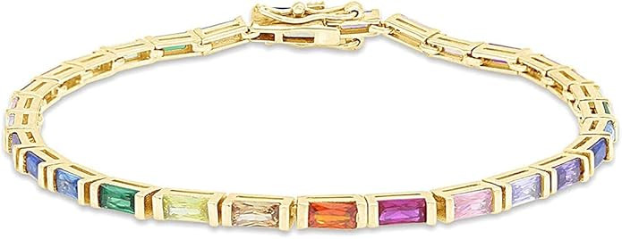 AFFY 14k Gold Plated 925 Sterling Silver Colourful Bar Setting Rainbow Baguette Sparkling Multi C... | Amazon (US)