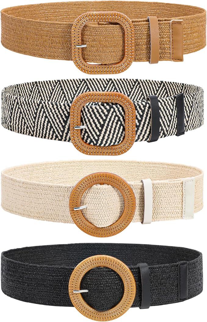 VONMELLI 4 Pack Straw Woven Elastic Stretch Waist Belt Fashion Boho Dress Braided Belts for Women | Amazon (US)