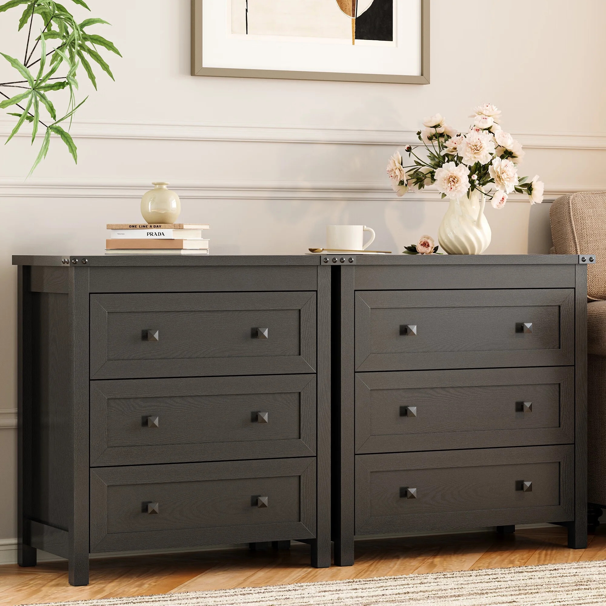 FANRAL Nightstand Set of 2,3 Large Drawer,29.5" Tall Night Stand,27.5" Wide Side Table,Wood Bedsi... | Walmart (US)