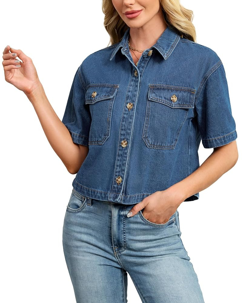 Kedera Womens Crop Denim Shirt Short Sleeve Button Down Short Jean Jacket Trendy Jean Tops Shacke... | Amazon (US)