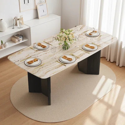 63" Rectangular Dining Table With Travertine Top, Kitchen Table With Black Wood & Metal Base, Sturdy 4-6 Person Table For Small Apartments, Kitchen, D | Wayfair North America