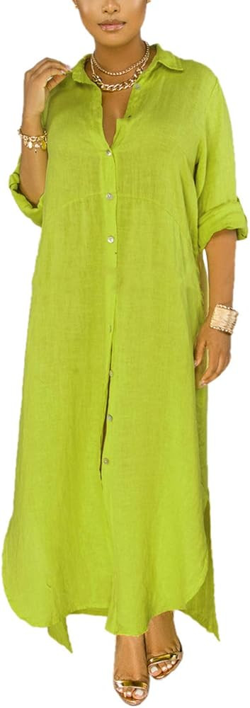nqgsntc Women V Neck Rolled Up Sleeve Lining Dress Button Down Side Slit Shirt Maxi Dresses | Amazon (US)