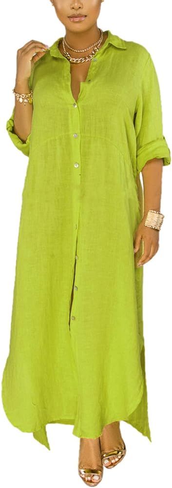 nqgsntc Women V Neck Rolled Up Sleeve Lining Dress Button Down Side Slit Shirt Maxi Dresses | Amazon (US)