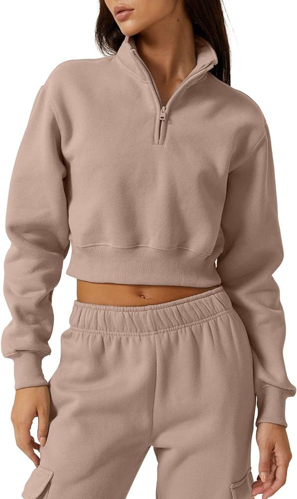 QINSEN Womens Half Zip Crop Sweatshirt High Neck Long Sleeve Pullover Cropped Top | Amazon (US)