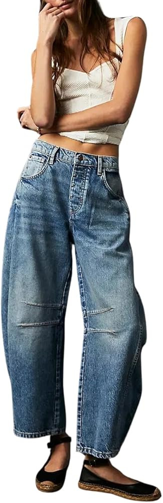 1977 Barrel Jeans Women,Women's Baggy Jeans Wide Leg Mid Waist Denim Pants Boyfriend Cropped Barr... | Amazon (US)
