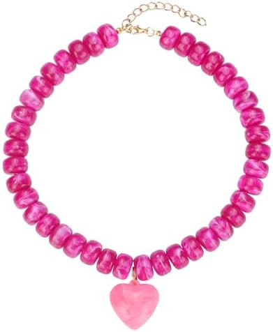 Chunky Colorful Beaded Statement Boho Chokers Necklace Heart Pendant Pink Green Yellow Brown Fash... | Amazon (US)