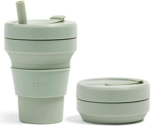 Stojo Collapsible Travel Cup With Straw - Sage Green, 16oz / 470ml - Reusable To-Go Pocket Size S... | Amazon (US)