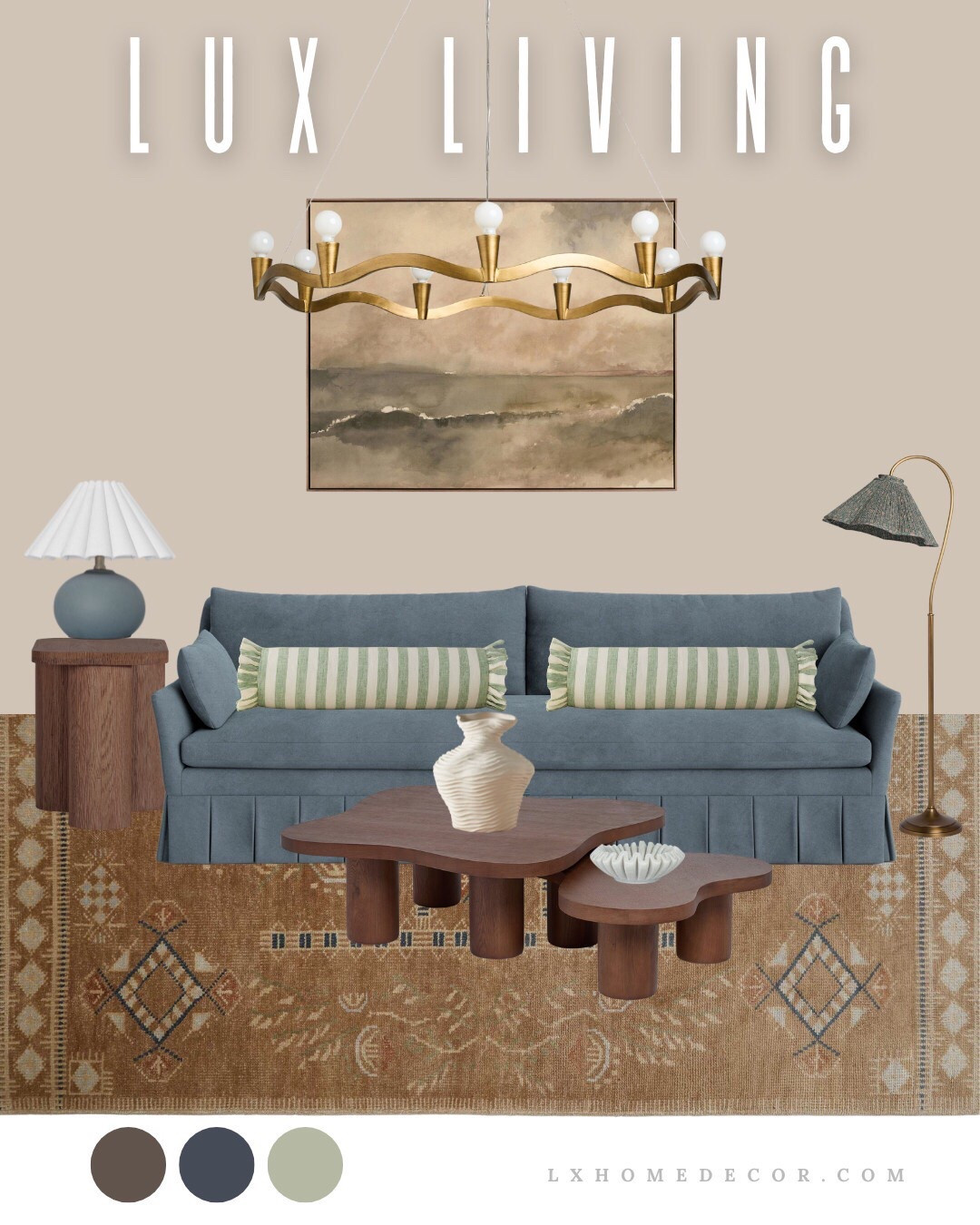 LUX LIVING: Coastal Calm Edition! 🌊🛋️
This Lux Living look is giving me high-end, relaxed coastal vibes! I adore that chic blue skirted sofa with the striped pillows, and the amazing sculptural coffee tables are a work of art. The brass lighting and earthy rug keep it warm and grounded. Ready for a gorgeous living room refresh? Shop every piece! 👇

#LTKFinds, #LuxLiving, blue sofa, coastal chic, sculptural tables, relaxed style, brass light, living room inspo, modern coastal, high end furniture 

 #LTKStyleTip

Follow my LTK @lxhomedecor on the @shop.LTK app to view this post and get my exclusive app-only content!


#LTKCyberWeek #LTKHome #LTKHoliday