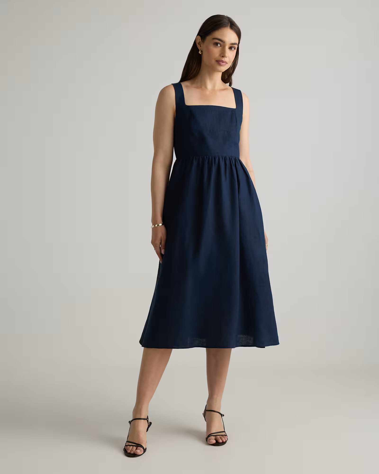 100% European Linen Fit & Flare Midi Dress in Deep Navy | Quince