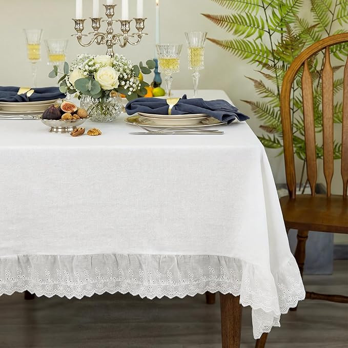 LemonRoad Vintage White Ruffle Tablecloth Retro Farmhouse Ruffled Cotton Tablecloth Rustic Embroi... | Amazon (US)