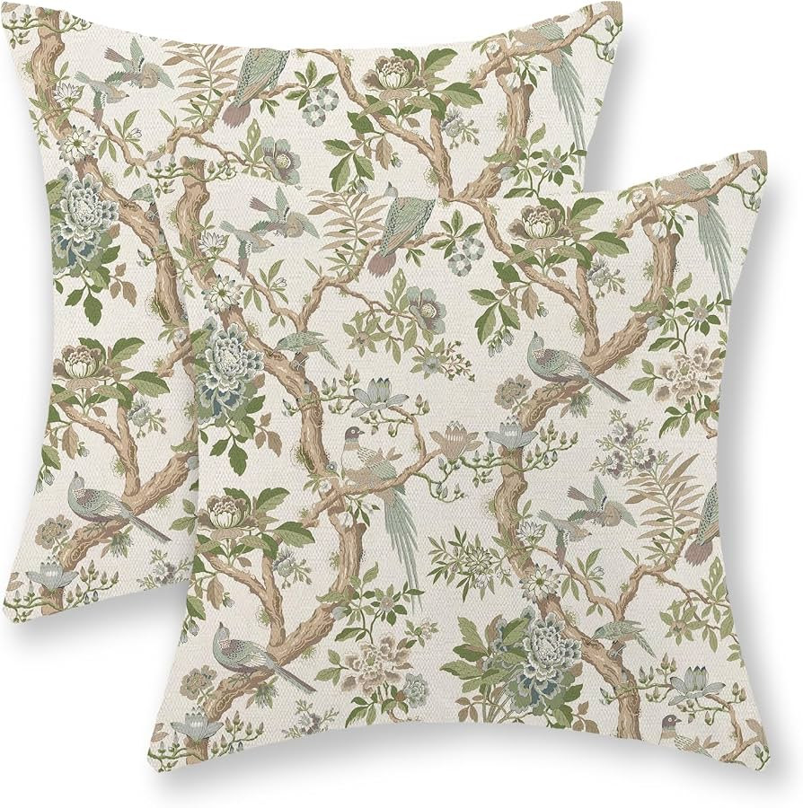 Green Floral Bird Pillow Covers 18x18 Set of 2 Chinoiserie Throw Pillows Green Vintage Flowers Bi... | Amazon (US)