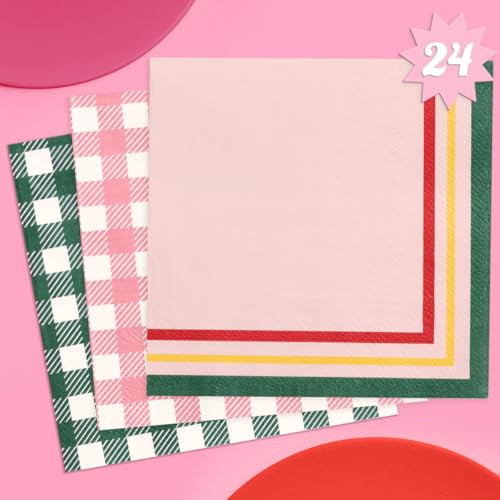 xo, Fetti Gingham Camp Napkins - 3-ply, 24 pcs | Green Cocktail Napkins, Pink Dinner Party Settin... | Amazon (US)