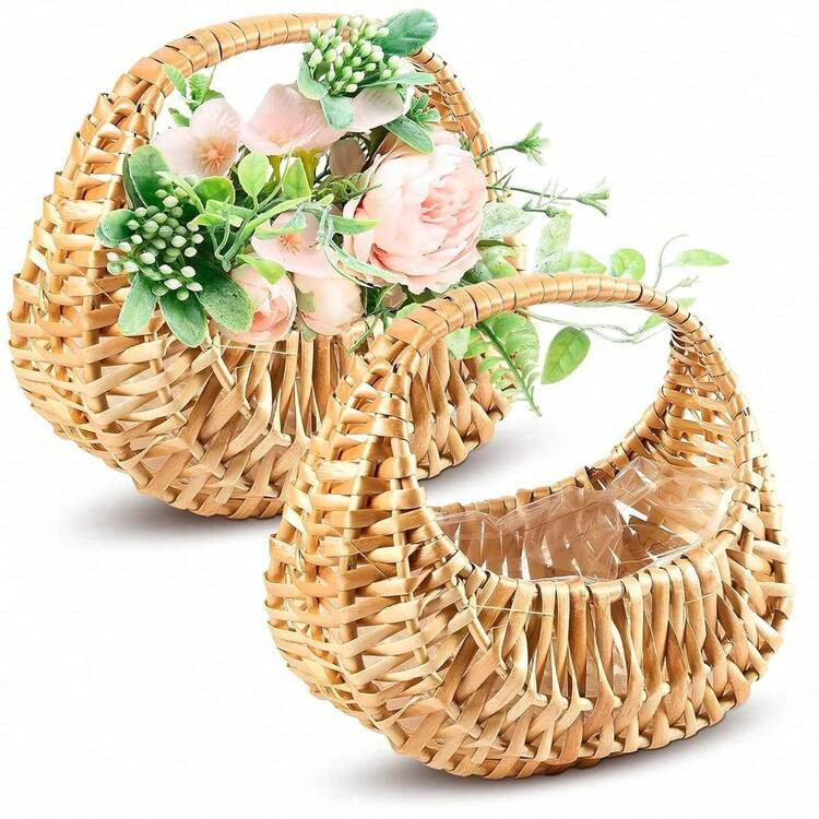 1pc/2pcs Flower Girl Basket Set – Rattan Baskets With Waterproof Lining, Small Wicker Basket With Handle For Wedding Shower Party Baby Shower Decoration, Confetti, Candy, Decor & Gifts – Compact & Reusable | SHEIN