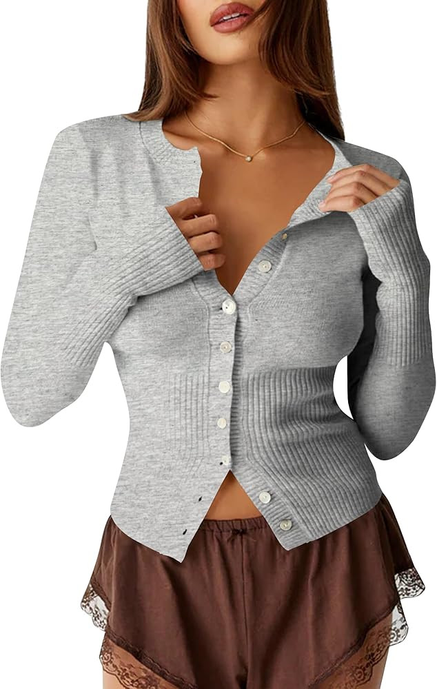 Womens Open Front Button Up Cropped Cardigan Ribbed Knit Long Sleeve Shirt Casual Solid Crop Top ... | Amazon (US)