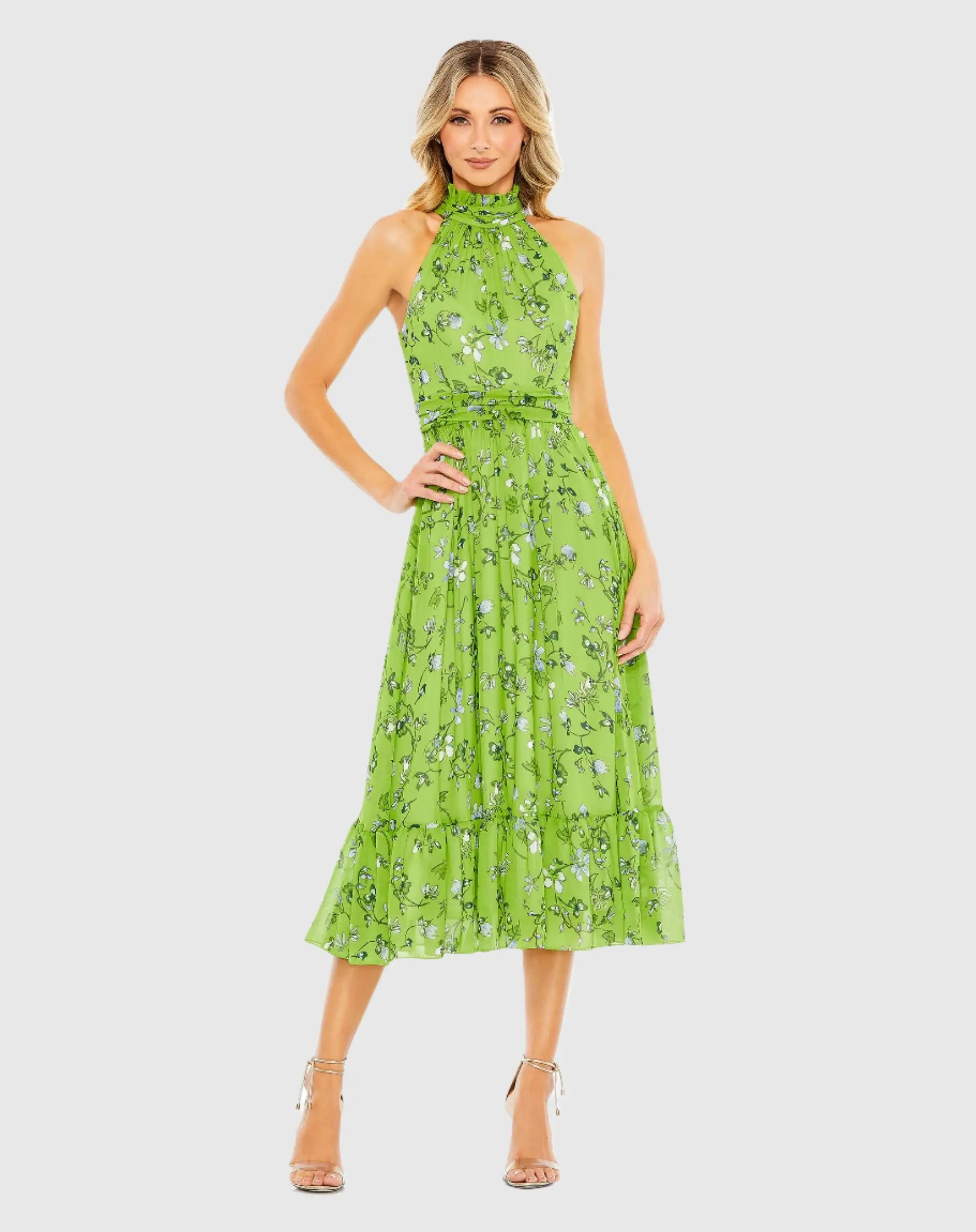Green Floral Print High-Neck A-Line Midi Dress - Ieena for Mac Duggal | Mac Duggal