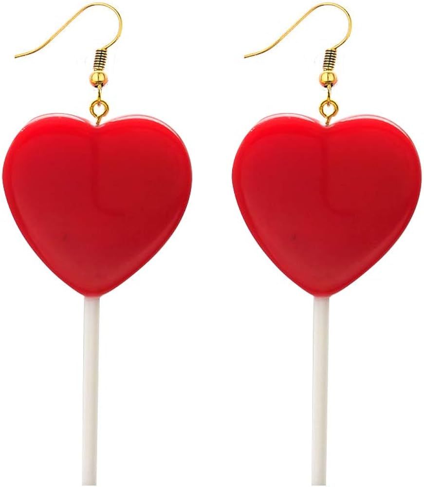Cute Heart Lollipop Candy Color Simulation Food Dangle Earring for Women Girl Funny Jewelry-Red | Amazon (US)