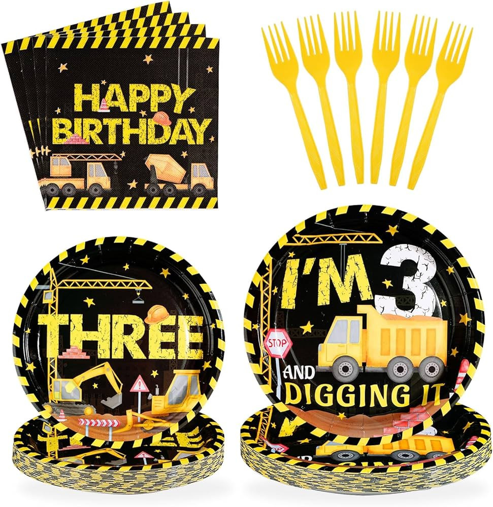 96 Pcs Construction 3rd Birthday Party Supplies - 350 GSM Plates, Napkins, Forks Tableware Set - ... | Amazon (US)