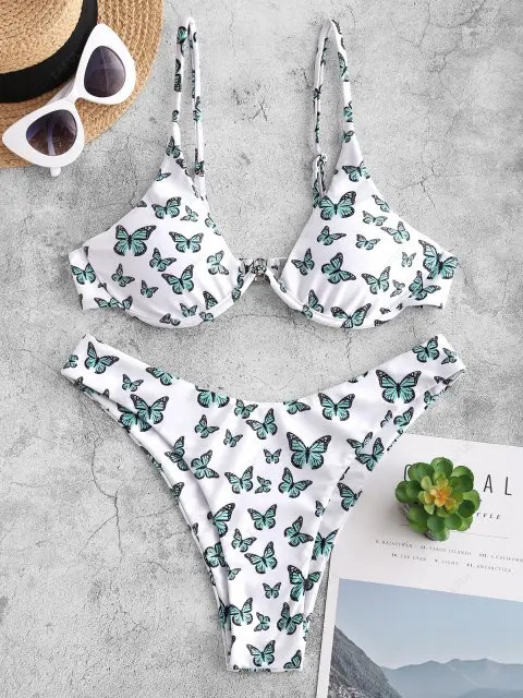 ZAFUL Underwire Butterfly Print Brazilian Bikini Swimwear - White S | ZAFUL (Global)