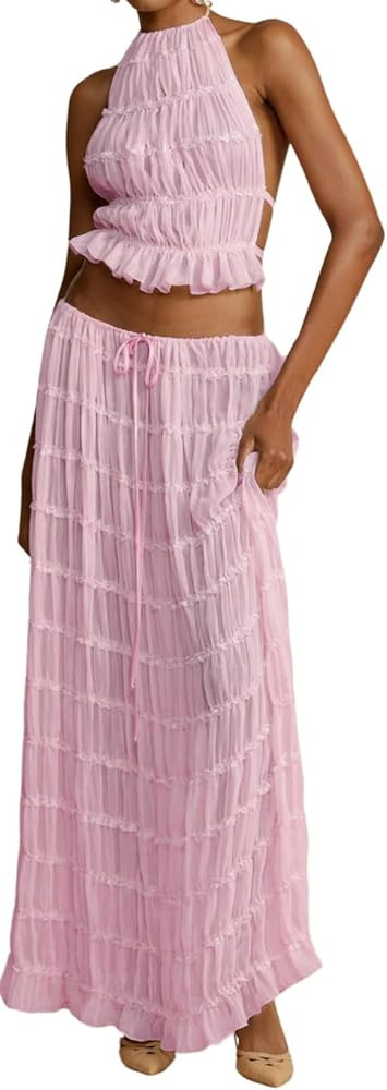 Womens Y2k Maxi Skirt Set Backless Lace Halter Crop Top and Long Skirt Sets Beach Cocktail Club D... | Amazon (US)