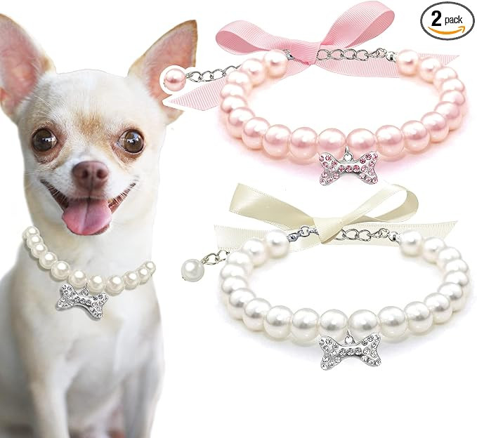 2 Pcs Fancy Dog Cat Pearl Collar Necklace with Rhinestone Bone | Amazon (US)