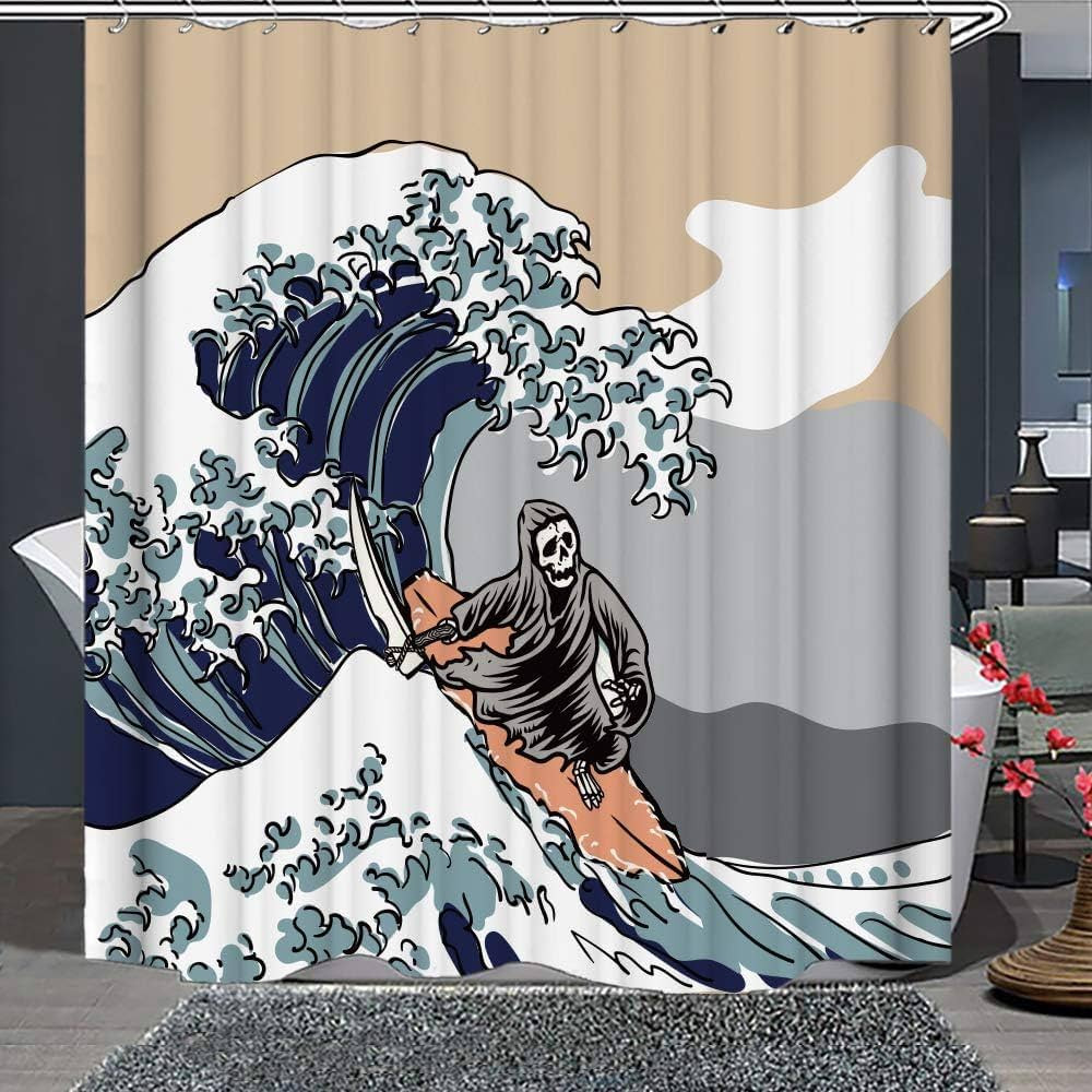 TIMMIE Funny Skull Surf Shower Curtain Set - Fun Grim Reaper Skeleton Surfing Big Waves, Gray Mou... | Amazon (US)