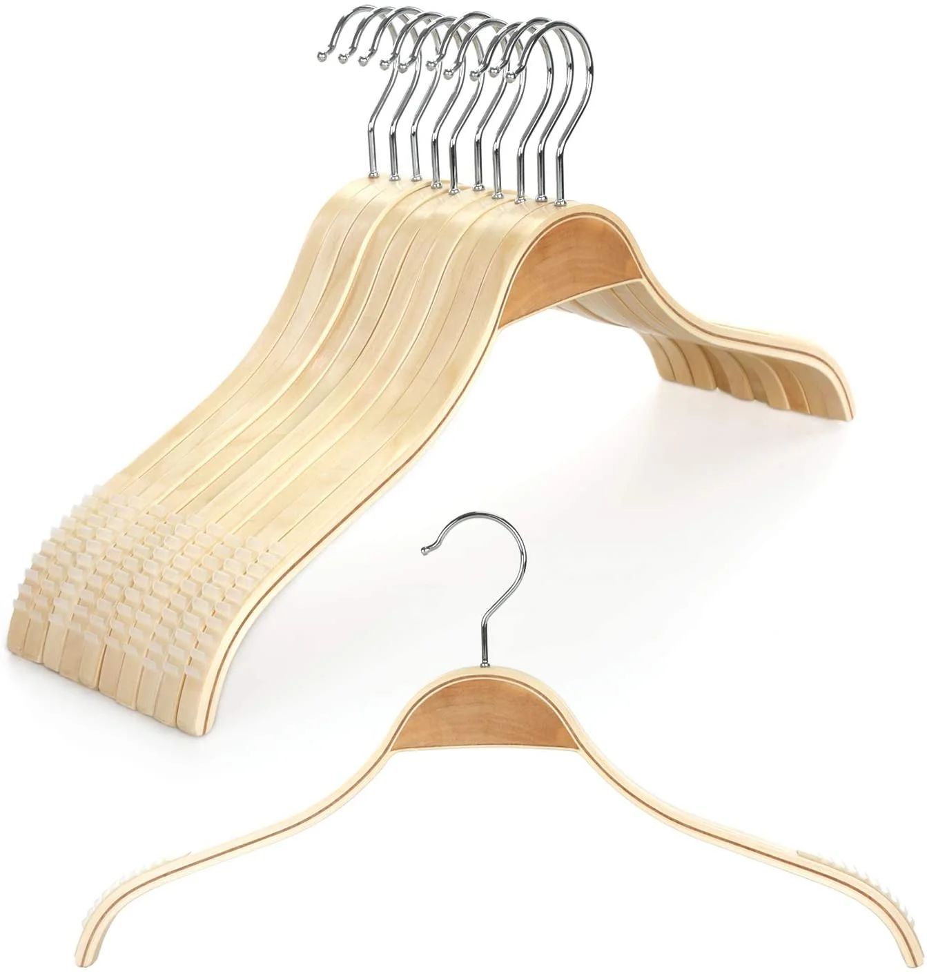 Slim Natural Wood Hangers 10 Packs with Extra Soft Rubber Grips, High-Grade Fashion Non-Slip & Wr... | Walmart (US)