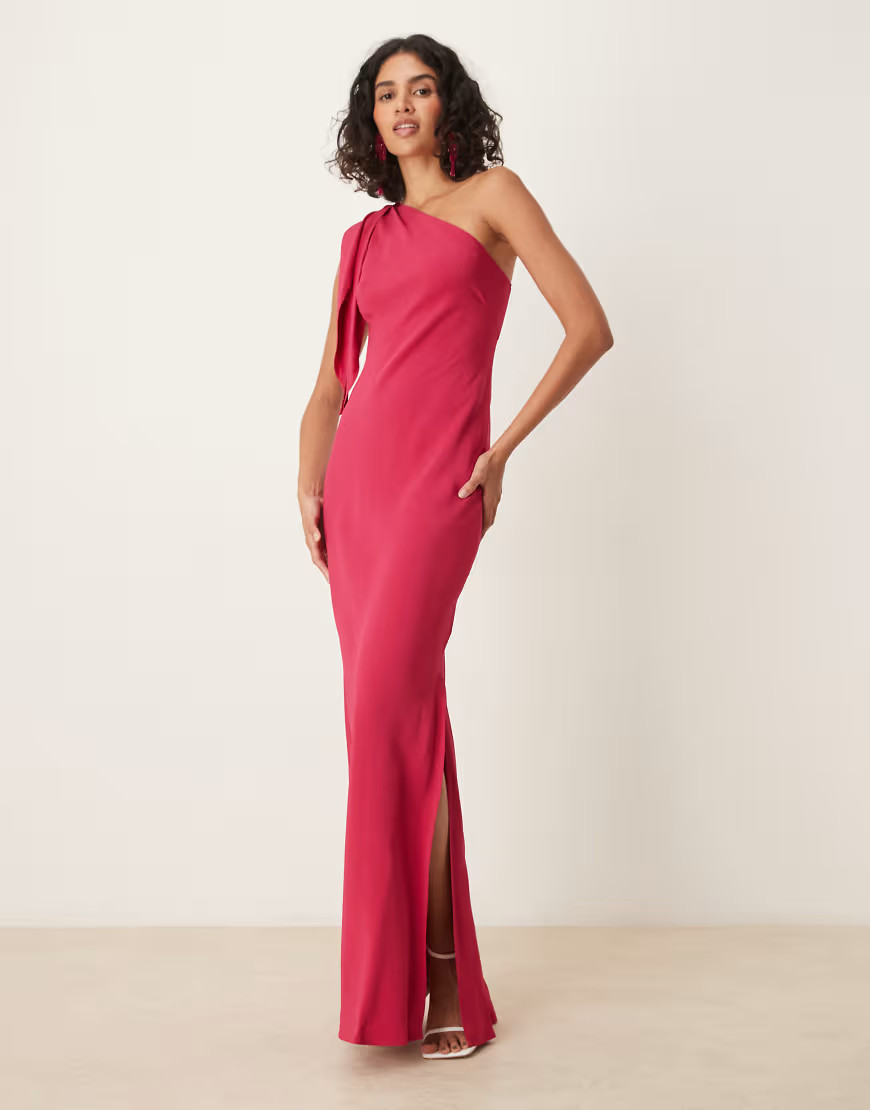 Mango tie detail one shoulder maxi dress in bright pink | ASOS (Global)
