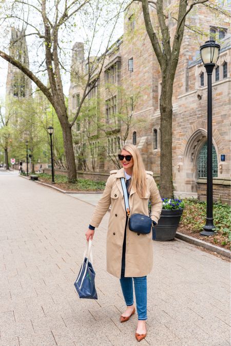 Spring strolls at one of the prettiest Ivy League campuses in America. A classic trench coat, leather flats, a navy crossbody bag with striped strap, a navy sweater with a ticking stripe collar, and a tote bag for carrying our souvenirs. Jeans come in tall sizing, just size down one size. 

#LTKFind #LTKGiftGuide #LTKtravel