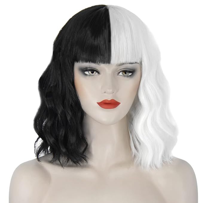 Juziviee Cruella Deville Wigs for Women, 12'' Short Black and White Wigs with Bangs for Cruella C... | Amazon (US)