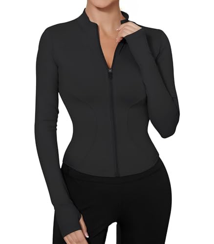 Long Sleeve Workout Tops Zip Up Jackets for Women Lightweight Athletic Tops Slim Fit Yoga Jacket with Thumb Holes, Women's Sport Shirts Black XL | Amazon (US)