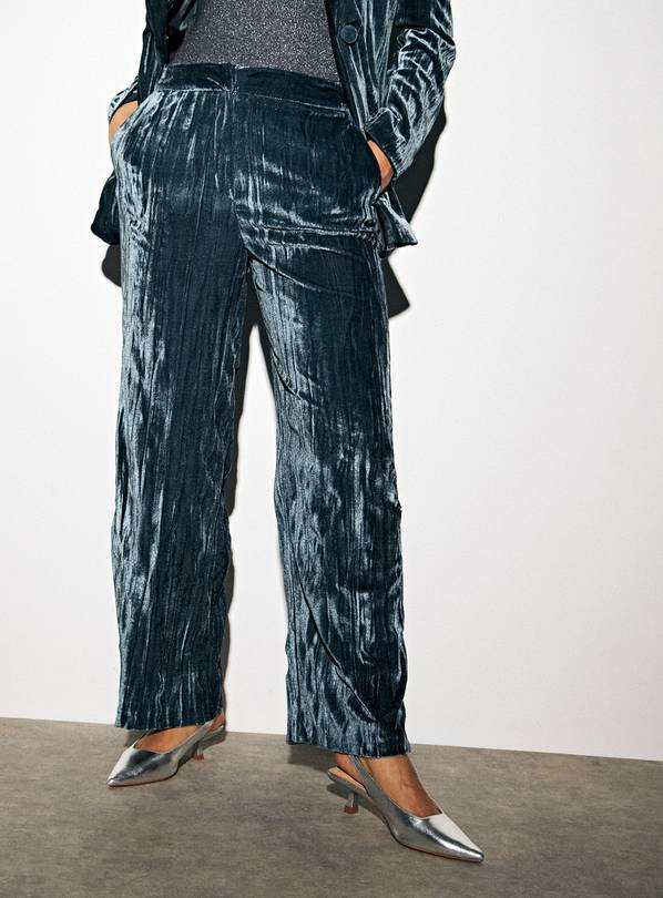 Teal Crinkle Velvet Wide Leg Co-ord Trousers  18L | Tu Clothing