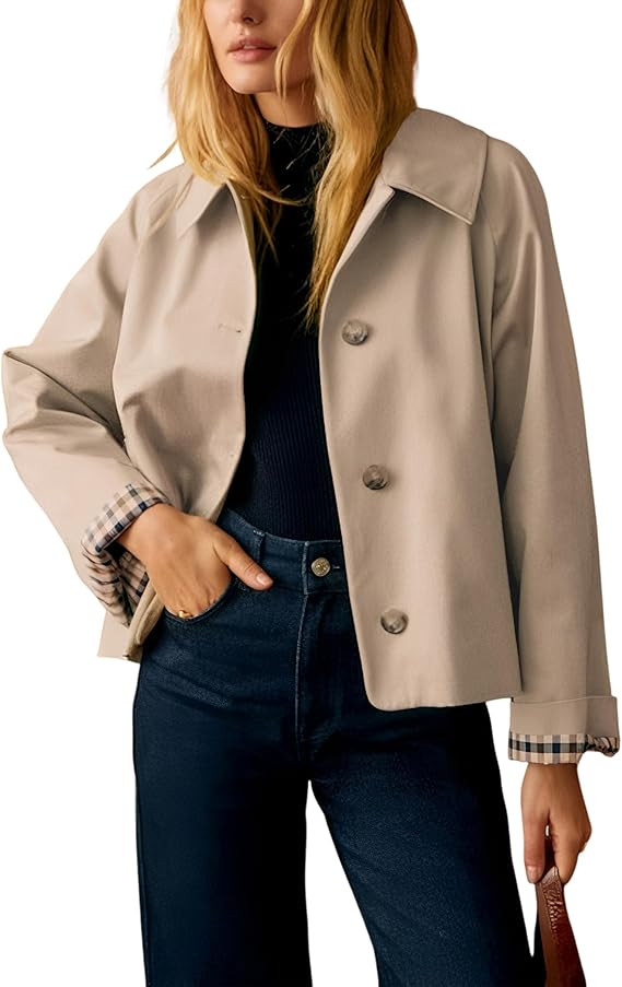 Dqbeng Womens Cropped Trench Coat Classic Collar Oversized Casual Jackets with Checkered Lining | Amazon (US)
