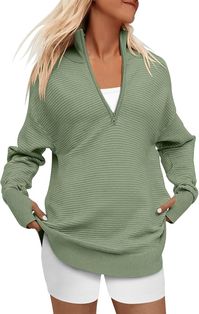 ANRABESS Women's 2023 Trendy Long Sleeve Half Zip V Neck Collared Casual Oversized Ribbed Knit Pu... | Amazon (US)