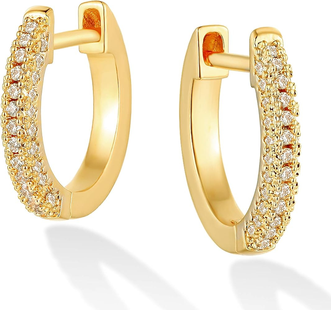 Dremmy Studios Dainty CZ Huggie Hoop Earrings 14K Gold Plated Chunky Simple Cute Thick Round Fril... | Amazon (US)