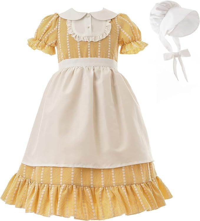LTAKK Colonial Dress Girls Pioneer Costume Prairie Pilgrim Girl Dresses with Apron and Bonnet | Amazon (US)