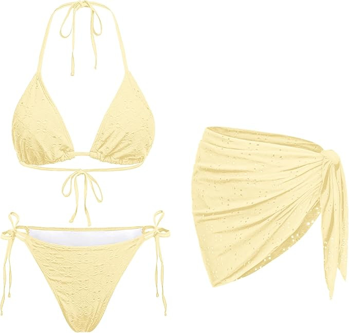 Women 3 Piece Swimsuits - Sexy Triangle Bikini Sets with Cover Up Halter String Tie Side Bathing ... | Amazon (US)