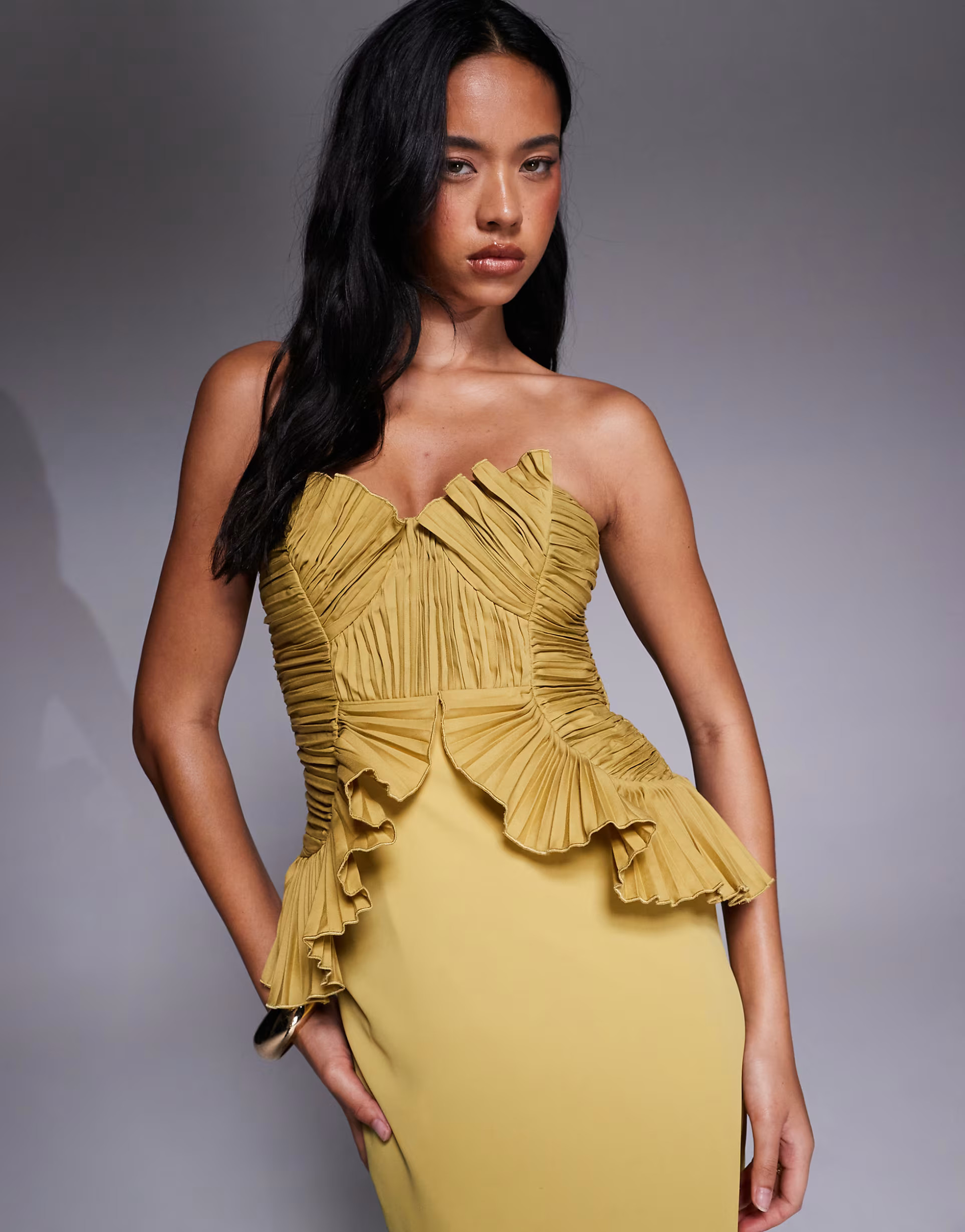 ASOS DESIGN ruffle bodice structured strappy midi dress in chartreuse | ASOS (Global)